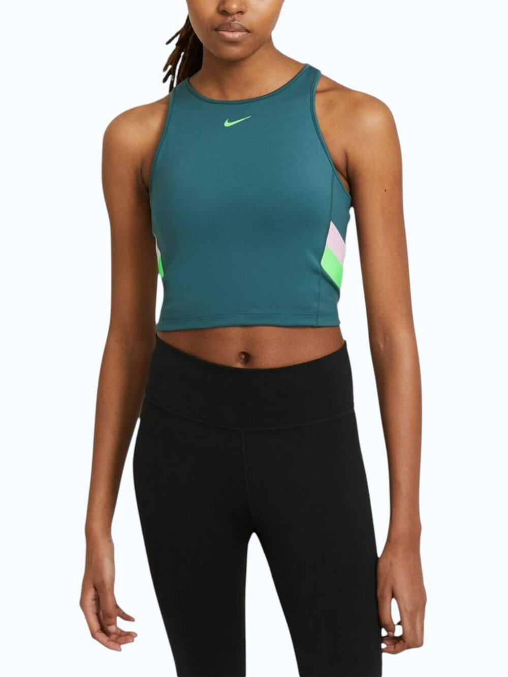Nike Training Color Block Striped Crop Tank Top Women's L Teal Shelf-Bra Mesh